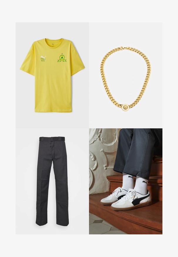Tricou din bumbac galben, cu mâneci scurte. Prezintă un logo brodat verde cu detalii de stea și panglică. Croială relaxată, guler rotund.; Pantaloni negri dintr-un material durabil, cu un design drept, talie cu bucle pentru curea și cusături pentru a adăuga textură.; Adidași Puma din suede alb și negru, cu o talpă din cauciuc maro. Asortați cu șosete albe care au un logo negru, purtate cu pantaloni închiși la culoare.; Colier din aur cu mari zale interconectate, având un detaliu central sub formă de pandantiv circular cu un emblemă proeminentă.