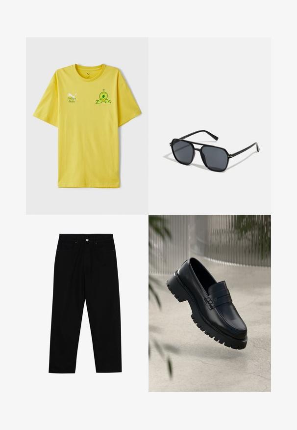 Kollane puuvillane T-särk lühikeste varrukatega. Omab roheline tikandlogoga, millel on täht ja paelte detail. Lõdva lõikega, ümmargune kaelus.; Mustadest denimist püksid, millel on sirge jalg, viie tasku disain ja eesnupuga sulgur. Sile tekstuur koos minimaalsete õmblustega.; Mustad nahkseid loafereid paksu tallaga, kaunistatud rihma ja õmbluse detailidega. Siledat tekstuuri kaunistab läikiv viimistlus.; Mustad mustad prillid oktaalpäistega, tumedad läätsed, läikiv viimistlus, õhukesed templid ja kuldsed aktsendid ees.