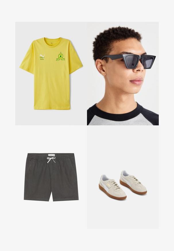 Žluté bavlněné tričko s krátkým rukávem. Má zelené vyšívané logo s hvězdou a stuhou. Volný střih, kulatý výstřih.; Šedé plavky vyrobené z měkké tkaniny, s elastickým pasem a bílou šňůrkou, se šitými detaily a bočními kapsami.; Krémové semišové tenisky s bílými koženými detaily a hnědými gumovými podrážkami. Mají kulatou špičku, tkaničky a zlaté logo na boku.; Černé úhlové sluneční brýle s tmavými skly, které mají výrazný geometrický design a matný povrch. Nosí je osoba s krátkými vlasy.