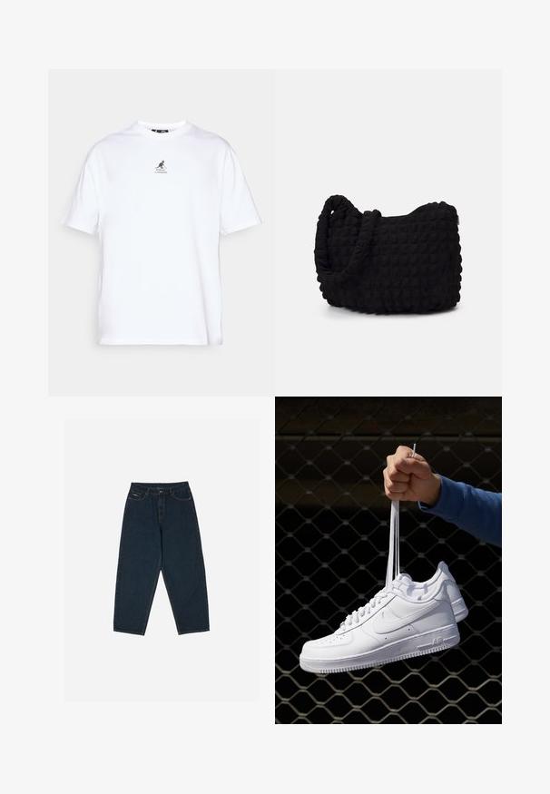 Balta kokvilnas T-kreklu ar apaļu kakla izgriezumu, īsām piedurknēm un melnu kengura logo, kas izvietots uz krūškurvja. Daudzfunkcionāls ikdienas apģērbs.; Tumši zili augsto vidukli bikši ar brīvu piegriezumu, piecu kabatu un pogu aizdari. Izgatavoti no gludas auduma.; Baltas ādas sporta apavi ar perforācijām, apaļu purngali, plakanu zoli un biezām šņorēm, ar redzamu swoosh logo un vārdu "AIR" uz papēža.; Melnas auduma soma ar strukturētu, quiltotu rakstu. Apaļa forma, īsas, resnas rokturi un mīksta, elastīga konstrukcija.