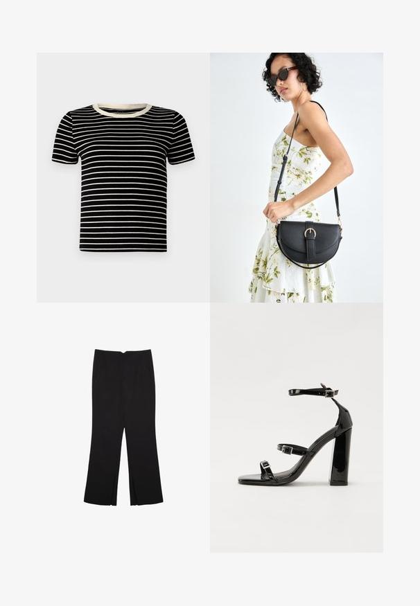 Lyhythihainen t-paita musta-valkoisilla raidoilla, jossa on ribbauskoriste ja pyöreä pääntie. Raidat ovat tasaisesti sijoitettuja ja vaakasuoria.; Mustat housut suoralinjaisella leikkauksella, joissa on etutaskut ja sivurei'ät helman alla. Valmistettu pehmeästä ja sileästä kankaasta. Sopii eri tilaisuuksiin.; Musta kiiltävä korkokenkä sandaalit neliönmuotoisella varpaalla, nilkkaremmillä ja hopeisilla soljilla. Varustettu tukevalla lohkokorkealla vakauden takaamiseksi.; Musta nahkainen käsilaukku, joka on kaareva muotoilultaan, irrotettavalla hihnalla ja kultaisilla yksityiskohdilla. Laukussa on läppä, jossa on solk yksityiskohta.