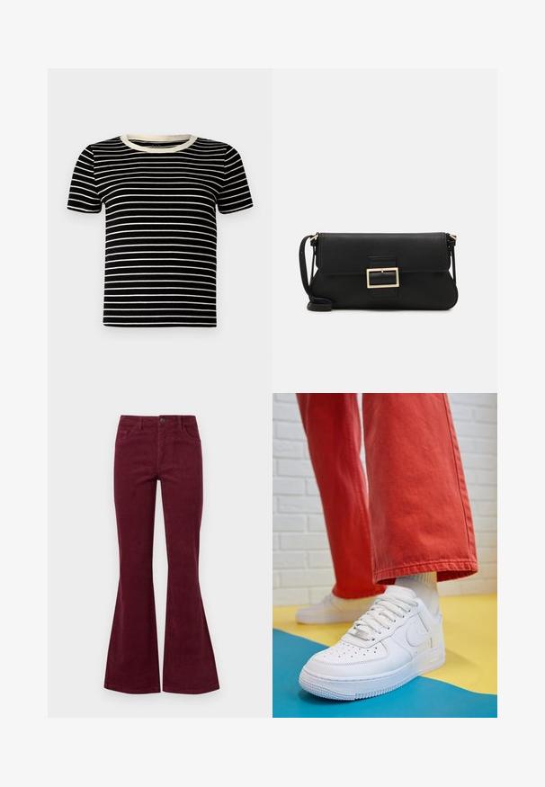 Černé a krémové pruhované tričko s krátkým rukávem, s žebrovanou strukturou a kulatým výstřihem. Pruhy jsou rovnoměrně rozložené a horizontální.; Burgundské manšestrové zvonové džíny s pěti kapsami, předním zapínáním na knoflík a texturovanou tkaninou. Zvonové nohavice se rozšiřují od kolena až k lemování.; Bílé kožené tenisky s perforovanou špičkou, texturovanou podešví a bílými tkaničkami, v kombinaci s širokými červenými kalhotami a modro-žlutým pozadím.; Černá kožená psaníčko s klopou a zlatým kovovým detailním sponou. Součástí je černý popruh a elegantní, minimalistický design.; Zlaté kruhové náušnice s hladkým, lesklým povrchem. Kruhový design s malým kolíčkem a průhledným záznamem pro bezpečné nošení.