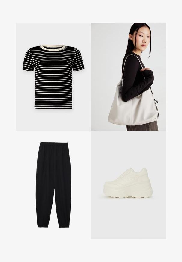 Svart og kremstripet kortermet t-skjorte med ribbet tekstur og rund hals. Stripene er jevnt fordelt og horisontale.; Svarte, lette bukser med elastisk liv og rynkede ankler. Stoffet er glatt og har en avslappet, innsvingt design.; Hvite plattformsnickers med en glatt læraktig overdel, avrundet form, polstret krage og teksturert gummisåle med tydelige dekk.; Beige håndveske laget av mykt materiale, med en slapp design, sydd detaljer og to skulderstropper. Passer for daglig bruk.
