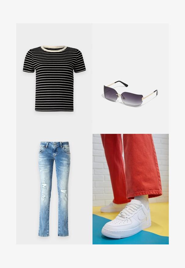 Črna in krema prugasta majica s kratkimi rokavi z rebrasto teksturo in okroglo ovratnikom. Prugi so enakomerno razporejeni in vodoravni.; Svetlo modri jeans iz denima z sproščenim krojem, ki imajo obrabljene podrobnosti, gumbasto zapiranje z dvema gumboma in ravno krojene hlačnice.; Beli usnjeni športni čevlji s perforiranim prstnim delom, teksturiranim podplatom in belimi vezalkami, v kombinaciji s širokimi rdečimi hlačami in modro-rumeno ozadje.; Sončne očala s sivo naravnanimi lečami, zlatim kovinskim okvirjem in črnimi plastičnimi detajli. Edinstvene leče v obliki metulja z tankimi ročaji.; Zlate uhane v obliki obročkov z gladko, sijočo površino. Krožna zasnova s majhnim nosilcem in prozornim podplatom za varno nošenje.