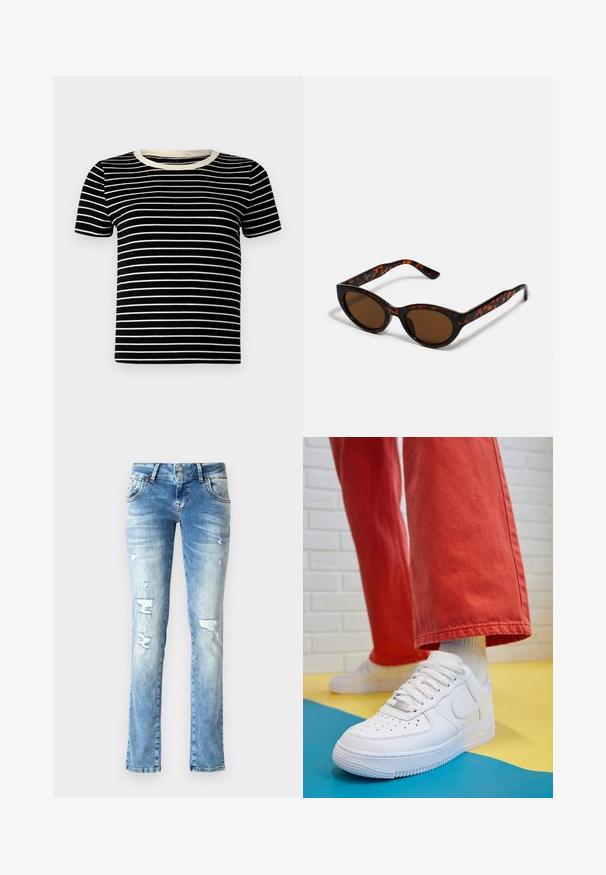 Black and cream striped short-sleeve t-shirt with a ribbed texture and a round neckline. The stripes are evenly spaced and horizontal.; Light blue denim jeans with a relaxed fit, featuring distressed details, a button fly with two buttons, and straight legs.; White leather sneaker with perforated toe box, textured sole, and white laces, paired with wide red pants and a blue and yellow background.; Brown tortoiseshell sunglasses with a vintage cat-eye shape and brown lenses. Features curved arms with red accents.; Gold hoop earrings with a smooth, shiny finish. Circular design featuring a small post and clear backing for secure wear.