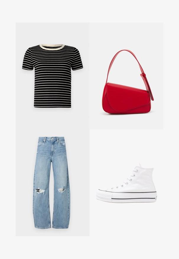 T-shirt de manga curta, às riscas pretas e creme, com textura canelada e decote redondo. As riscas estão igualmente espaçadas e na horizontal.; Jeans de lavagem clara, de cintura alta, feitos de denim. Apresentam pernas largas, duas áreas rasgadas nos joelhos e o estilo clássico de cinco bolsos.; Sapatilha alta de tela branca com sola de borracha preta, bico de borracha na frente e seis ilhós para os atacadores, apresentando um design limpo e minimalista.; Bolsa de mão em couro vermelho com um design angular e geométrico. Apresenta uma única alça ajustável e um fecho com aba, com detalhes cosidos.