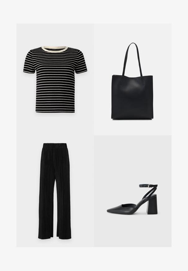 Melnā un krēmkrāsas svītrainā īsām piedurknēm t-kreklā ar ribotu tekstūru un apaļu kakla izgriezumu. Svītras ir vienmērīgi izvietotas un horizontālas.; Melni plīšu bikses ar elastīgu jostu. Tām ir platākas kājas un gluda, teksturēta auduma ar vertikālām svītrām.; Melna ādas augstpapēžu kurpe ar norakstīto purngala formu, potītes siksniņu un masīlu papēdi. Gluda tekstūra, elegants dizains un minimālisma estētika.; Melnas ādas somiņa ar gludu tekstūru, taisnstūra formu un divām garām rokturiem. Nav redzamu aparatūras vai rotājumu.