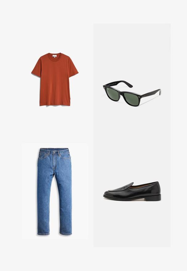ARMEDANGELS JAAMES - T-shirt basic - dark amber; Blauwe spijkerbroek met een rechte pasvorm, voorzien van vijf zakken, een knoopsluiting en oranje stikselaccenten op een witte achtergrond.; Zwarte leren loafers met een gladde afwerking, ronde neus, lage hak en zijspleten voor gemakkelijk aan- en uittrekken. Voorzien van een subtiele logo-detail aan de voorkant.; Zwarte plastic zonnebril met groene lenzen, vierkante montuur, zilveren accent op de wenkbrauw en een gestructureerde tempel. Merken vermeld op de binnenkant van de arm.