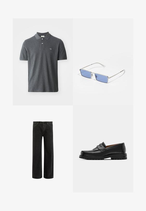 Polo shirt gris foncé en coton. Il présente un col classique, une patte de boutonnage à trois boutons, des manches courtes, et un petit logo brodé sur la poitrine.; Jean en denim noir à jambes larges avec taille haute, présentant un design classique à cinq poches et un léger délavage pour un aspect texturé.; Des mocassins en cuir noir présentent une couture surélevée, deux sangles décoratives sur le dessus et une semelle épaisse et texturée pour une meilleure adhérence.; Lunettes de soleil en métal avec une forme rectangulaire, verres teintés en bleu et monture en argent. Comprend des coussinets de nez et des branches fines et droites.