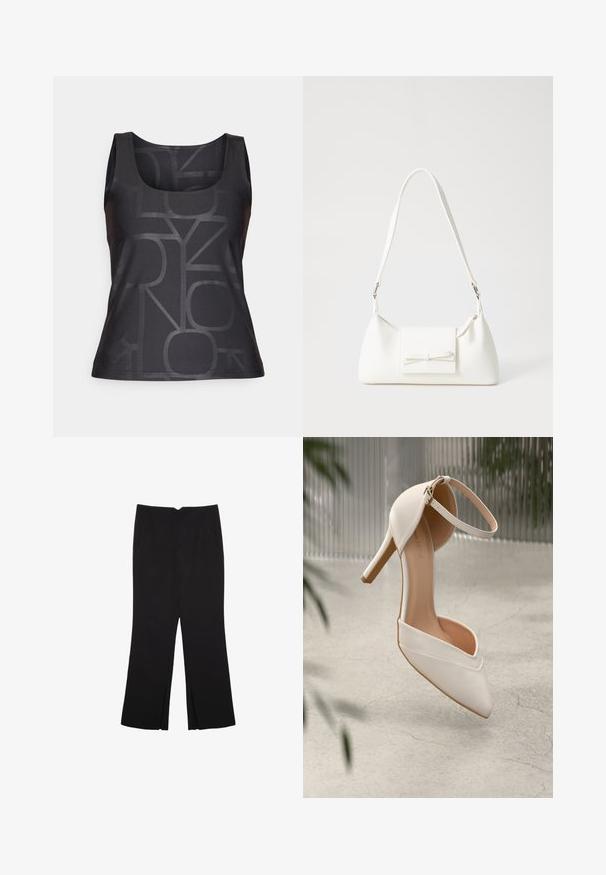 Crna bezrukavna majica s toniranim geometrijskim uzorkom. Napravljena od glatkog materijala s zaobljenim izrezom i prilagođenim siluetom.; Crne hlače ravnog kroja, s prednjim džepovima i bočnim prorezima na rubu. Izrađene od mekog i glatkog materijala. Pogodne za razne prigode.; Bijela visoka potpetica u glatkom materijalu s oštrim vrhom i remenom oko gležnja. Ima svijetlosmeđi unutrašnjost i akcentu u zlatnoj boji.; Bijela sintetička torbica s trokutastim oblikom, ravnim prednjim poklopcem i detaljem u obliku mašne, podesivom remenom, glatkom teksturom i minimalističkim dizajnom.