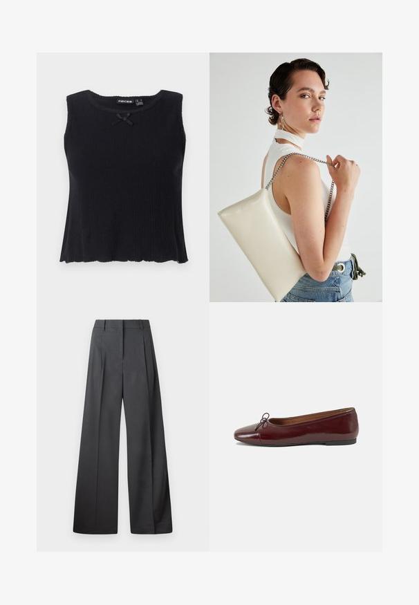 Fekete bordás ujjatlan top kerek nyakkivágással, elöl egy kis fekete masnival díszítve. Bővülő alj és texturált anyag.; Széles szárú nadrág sötétszürke anyagból, magas derekú, egyes redőkkel, sima textúrával és tiszta befejezéssel a szegélyeken.; Burgundi lakkbőr balettcipő kerek orral, elöl kis masni díszítéssel és alacsony, fekete gumi talppal. Simára csiszolt felület.; Fehér, téglalap alakú, fényes anyagból készült clutch táska, ezüst láncos pánttal. A modell pózol, bemutatva a táskát egy egyszínű háttér előtt.