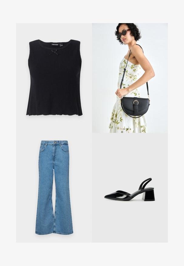 Melnā ribotu topa bez piedurknēm ar noapaļotu dekoltē un nelielu melnu lentu akcentu priekšā. Paplatināta apakšmala un teksturēts materiāls.; Gaiši zili, platā piegriezuma džinsi, kas izgatavoti no denima, ar augstu jostasvietu, piecām kabatām un vienu pogu. Mīksta tekstūra ar nolietotu apdari.; Melna lakota āda ar atvērto papēdi, ar smailu purngalu un ģeometrisku blokpapēdi. Iezīmējas elegants, minimāls dizains un gluda tekstūra.; Melnas ādas rokassoma ar izliekta formu, noņemamu siksnu un zelta aksesuāriem. Somai ir vāciņš ar sprādzes detaļu.