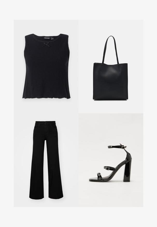 Top de malha preto com decote arredondado, design sem mangas e um pequeno laço preto na frente. Abertura em hem flared e material texturizado.; Calças largas pretas em denim, com uma cintura estruturada, passantes para cinto e bolsos frontais. Textura suave com um design clássico.; Sandálias pretas de verniz com salto alto, duas fivelas, biqueira quadrada e salto largo, apresentando uma textura lisa e brilhante.; Bolsa tote preta em couro com textura lisa, forma retangular e duas alças longas. Sem hardware ou enfeites visíveis.