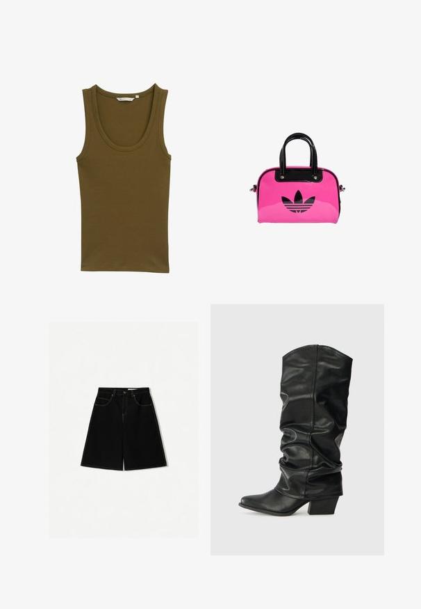 Olivgrünes Tanktop aus Rippstoff mit rundem Halsausschnitt und breiten Schulterträgern, geradem Saum und ohne zusätzliche Details.; Schwarze Denim-Shorts mit lockerer Passform, ausgestattet mit fünf Taschen, gelben Nähakzenten und einem mittelhohen Bunddesign.; Schwarze Lederstiefel bis zum Knie mit einem rüschigen Design, spitzem Zehenbereich und breitem Absatz, mit glatter Texture und minimaler Naht.; Rosa patentierte Handtasche mit schwarzem Logo und Griffen, die eine runde Form und einen Reißverschlussverschluss aufweist. Die glänzende Textur verbessert die Sichtbarkeit.