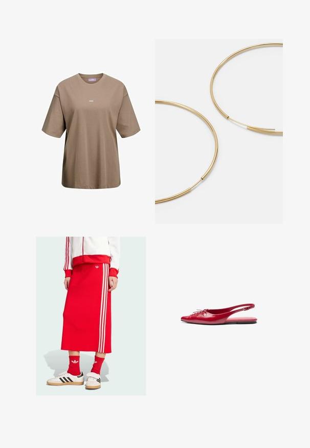 T-shirt khaki marrone a maniche corte in cotone, con scollatura rotonda e un piccolo logo bianco "JJXX" sul davanti.; Gonna midi rossa lavorata a maglia con tre strisce bianche lungo il lato, abbinata a sneaker bianche e calzini rossi, che mette in risalto un design sportivo.; Scarpa piatta slingback rossa in pelle con punta affusolata e un dettaglio decorativo di lacci nella parte frontale, caratterizzata da una sottile fascia alla caviglia e suola piatta.; Orecchini a cerchio color oro, sottili e rotondi, con una finitura metallica liscia e senza decorazioni o motivi.