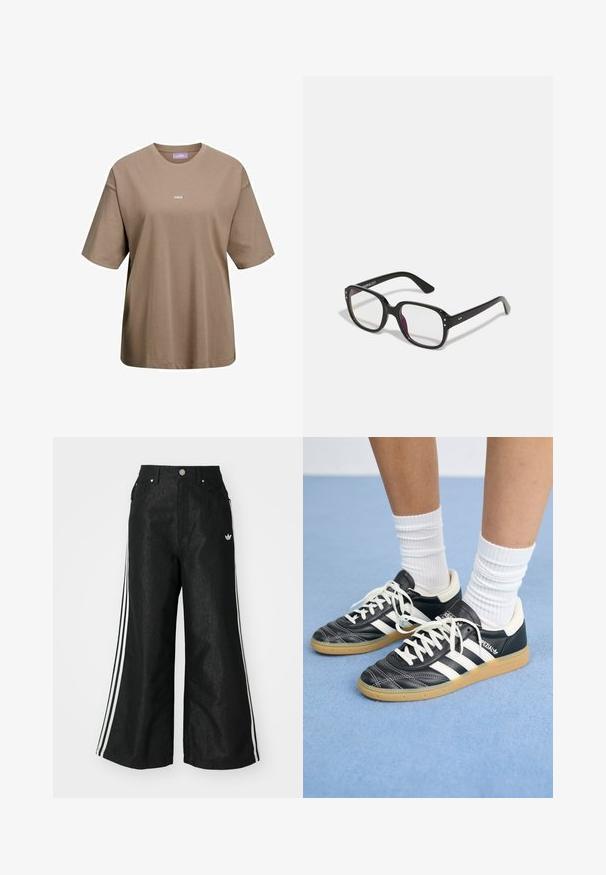 Khaki barna, rövid ujjú póló, pamutból készült, kerek nyakkivágással és a mellkason található kis fehér "JJXX" logóval.; Fekete, bő szárú farmernadrág, mindkét oldalon három fehér csík díszítéssel és egy kis fehér logóval. Elölzsebekkel és gombos záródással rendelkezik.; Fekete bőr sportcipők fehér csíkokkal, kerek orral, fehér fűzővel és gumírozott talppal. Párnázott bokarész és márkajelzések emelik ki.; Fekete, téglalap alakú szemüveg, tiszta lencsékkel, lekerekített élekkel és oldalsó díszítésekkel, fényes kerettel és szárakkal.