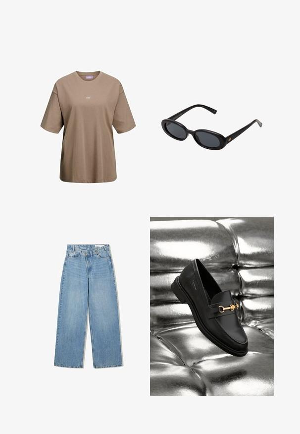Khaki-braunes T-Shirt mit kurzen Ärmeln aus Baumwolle, mit rundem Halsausschnitt und einem kleinen weißen Logo "JJXX" auf der Vorderseite.; Hellblaue weite Jeans aus Denim, mit hoher Taille, fünf Taschen, Knopfverschluss und dezentem Verblassen für Textur.; Schwarze Leder-Loafer mit goldfarbener Hardware. Der Schuh zeichnet sich durch ein elegantes Design und eine glatte, glänzende Oberfläche aus.; Schwarze, oversized Sonnenbrillen mit ovalen Gläsern, glattem Kunststoffrahmen und goldenen Akzenten an den Bügeln. Die dunklen Gläser bieten Sonnenschutz.; Weiche braune Hobo-Stil Handtasche mit einem einzigen breiten Trageriemen und einer geschwungenen Oberteilöffnung, auf einem weißen Hintergrund präsentiert.