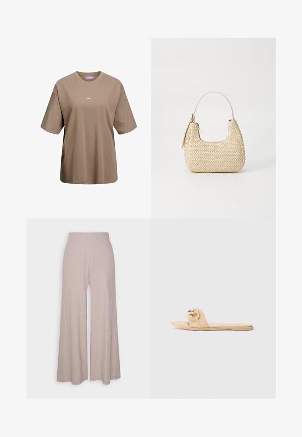 Kakī brūnas īsām piedurknēm T-krekls, izgatavots no kokvilnas, ar apaļu dekoltē un mazu baltu logo "JJXX" priekšā.; Gai pelēki platā kāju bikses, izgatavotas no mīksta, ribota auduma, ar augstu jostasvietu un pilna garuma kājām ar vieglu tekstūru.; Kailas slīdņi, kas izgatavoti no gludas sintētiskas materiāla, ar mezgla jostas dizainu un plakanu zoli, bez redzamiem detaļām vai akcentiem.; Aušana salmu rokassoma béigā krāsā ar izliekto formu, īsu rokturi un sānu rāvējslēdzēju. Iespējas teksturēta virsma un minimālistisks dizains.