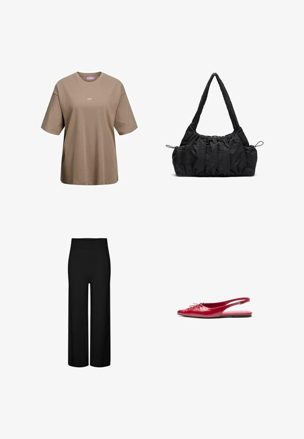 Khaki pruun lühikeste varrukatega t-särk, mis on valmistatud puuvillast, ümara kaelusega ja väikese valge logoga "JJXX" ees.; Mustad laiad pükste küljed, veniva vöökohaga, sileda tekstuuriga ja ilma silmapaistvate mustrite või aktsentideta.; Punane nahast slingback tasane king, millel on terav nina ja dekoratiivne nöördetail ees, õhuke pahkluu rihm ja litte talla. ; Must mustriga käekott, millel on kogutud tekstuur, kaks õlarihma ja külgedel nöörkinnitus. Sujuv ja kerge materjal.