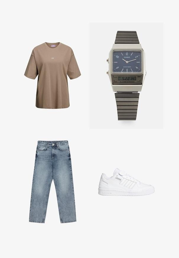 Tricou scurt cu mânecă, de culoare khaki, fabricat din bumbac, având un decolteu rotund și un mic logo alb "JJXX" pe față.; Jeans din denim de culoare albastru deschis, cu croială dreaptă, cusături vizibile, design cu cinci buzunare și închidere cu nasture la talie.; Adidați sportivi albi cu o suprafață din piele netedă, vârful perforat, trei accente cu dungi și o curea de tip Velcro. Talpă din cauciuc cu detalii de brand.; Ceas digital Casio cu un cadran albastru, carcasă argintie și curea stratificată din cauciuc negru. Afișează ora și setările alarmei. Rezistent la apă.