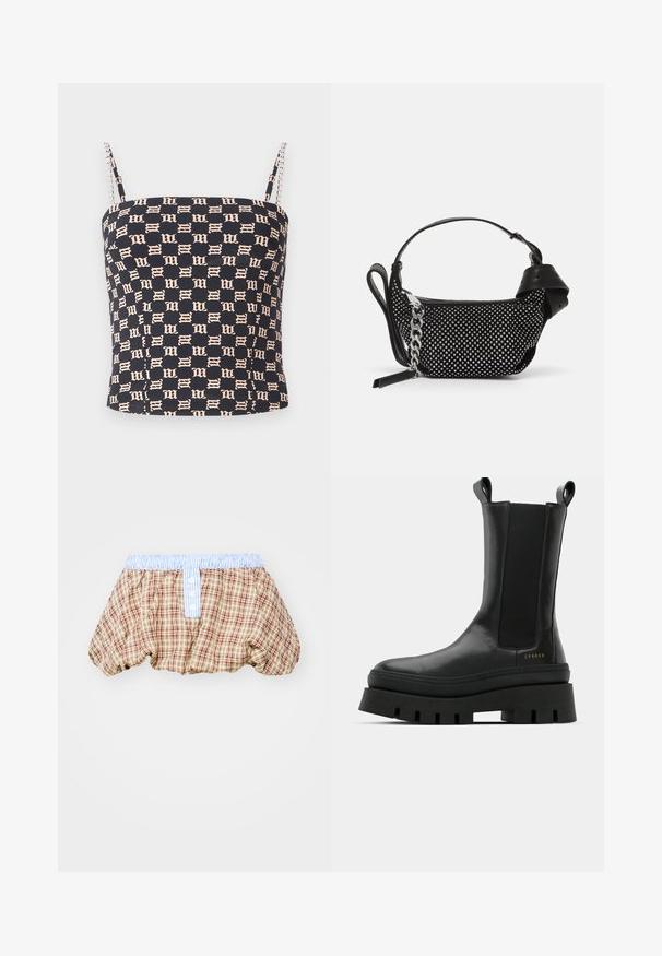 MISBHV MONOGRAM SPAGHETTI - Top - black/beige; Pantaloni corti a palloncino a scacchi in marrone, beige e rosso, con una cintura a righe blu chiaro e dettagli con bottoni sulla parte anteriore.; Stivali neri alla caviglia con finitura in pelle liscia, pannelli laterali elastici e una suola piatta spessa e testurizzata, con dettagli del logo.; Borsa nera con decorazioni a borchie, una tracolla a catena e un manico in pelle liscia, dalla forma rotonda e con scomparto con zip.