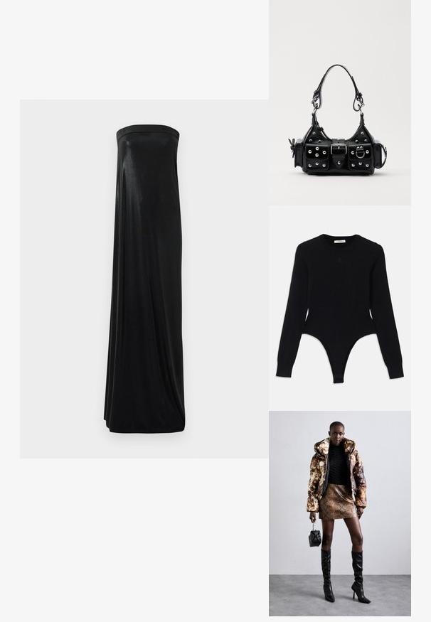 Musta pitkähiha Bodysuit, jossa on pyöreä kaula-aukko, tiukka malli ja string-tyylinen alaosa. Valmistettu pehmeästä, elastisesta kankaasta mukavuutta varten.; Mustat olkaimeton maksimekko, joka on valmistettu sileästä ja kiiltävästä kankaasta. Mekossa on istuva yläosa ja kenttä, joka laskeutuu lattiaan ilman koristeita.; Puffer-takki ruskealla ja mustalla kuviolla, yhdistettynä ruskeaan käärmeennahkakuosiseksi mini-hameeseen, mustiin polvimittaisiin saappaisiin ja pieneen mustaan laukkuun.; Musta nahkainen käsilaukku, jossa on kaareva muotoilu, hopeiset niitit, solki ja kaksi sivutaskua. Säädettävä olkahihna erilaisiin kantovaihtoehtoihin.