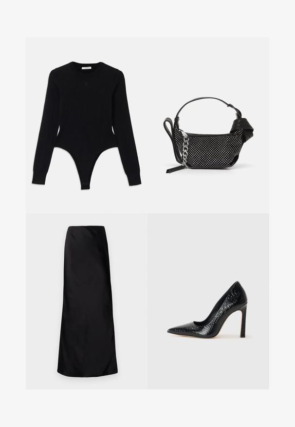 Body nero a maniche lunghe con scollatura rotonda, design fitted e parte inferiore a slip. Realizzato in tessuto morbido ed elastico per il massimo comfort.; Norma Kamali BIAS OBIE SKIRT - Gonna lunga - black; Scarpa nera con punta a punta alta in pelle di coccodrillo, caratterizzata da un design elegante, alto tacco a spillo e interno nero liscio.; Borsa nera con un design texture, adornata con borchie argentate e una robusta tracolla in argento. Presenta una forma elegante e minimalista.