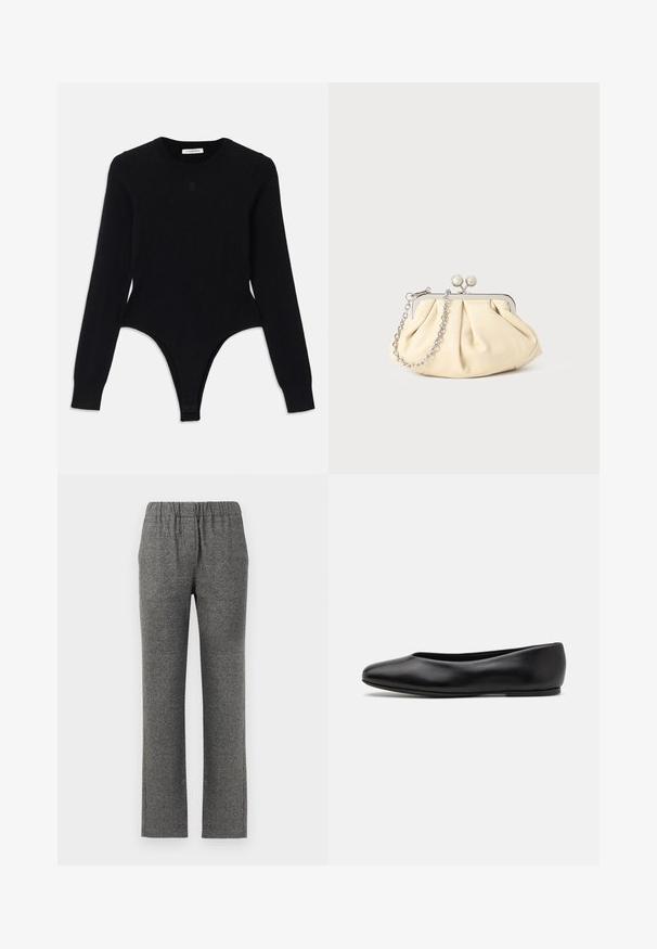 Bodysuit noir à manches longues avec un col rond, design ajusté et fond style thong. Fabriqué en tissu doux et élastique pour plus de confort.; Pantalons gris texturés avec une taille élastique et une coupe droite. Présente un motif subtil pour un intérêt visuel supplémentaire.; Paul Smith TOPANGA - Ballerines - black; Pochette en cuir beige plissé avec un cadre en métal argenté, dotée de deux fermoirs ronds décoratifs et d'une chaîne en argent.