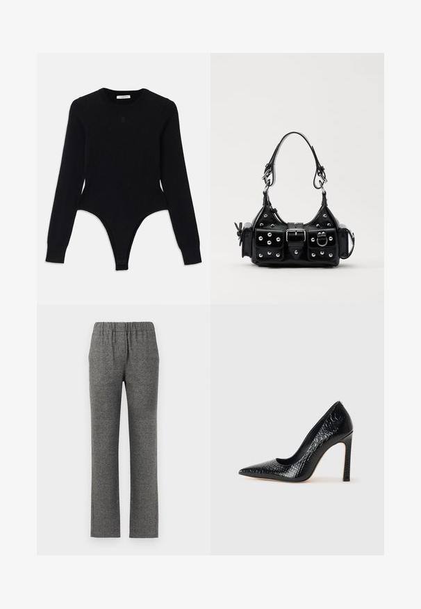 Melna garām piedurknēm bodijs ar apaļu kakla izgriezumu, pieguļoša forma un stringa formas apakšdaļa. Izgatavots no mīksta, elastīga auduma komfortam.; Pelēki, teksturēti bikses ar elastīgu jostasv ни, taisna kāju dizainu. Satur smalku rakstu papildu vizuālajam interesam.; Melni augstpapēžu apavi ar norādītu purngalu, ar krokodila ādas tekstūru, izceļoties ar elegantu dizainu, augstu stiletto papēdi un gludu melnu interjeru.; Melnas ādas rokturmais ar izliekumu, ar sudraba iedurtiem, sprādzi un divām sānu kabatām. Regulējams siksniņas garums dažādām nēsāšanas iespējām.
