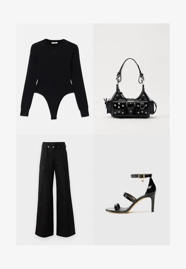 Zwarte lange mouwen body met een ronde halslijn, fitted ontwerp en een thong-stijl onderkant. Gemaakt van zachte, elastische stof voor comfort.; Zwarte wijde broek met hoge tailleband, voorzien van grote zijzakken, twee knopen aan de voorkant en een lusdetail. Gemaakt van stevige stof.; Zwarte gepatineerde leren sandaal met drie banden, enkelgesp en 10 cm hoge stiletto hak. Bevat gouden hardwaredetails en een logo charm.; Zwarte lederen handtas met een gebogen ontwerp, voorzien van zilveren studs, een gesp en twee zijvakken. Verstelbare schouderband voor verschillende draagmogelijkheden.