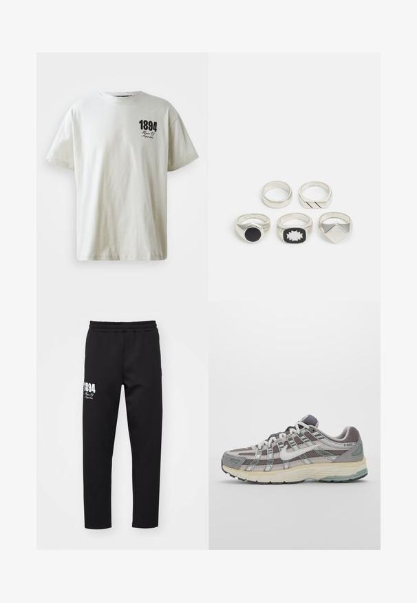 Gaiši bežs kokvilnas T-krekls ar īsām piedurknēm, apaļu kakla izgriezumu, ar melnu drukātu dizainu, uz kura ir rakstīts "1894 House Of Hyperbia".; Melni sporta bikses ar elastīgu jostu. Ar baltu drukātu tekstu "1894" un "House Of." Izgatavotas no gludas, stiepjamas auduma.; Pelēkie sporta apavi ar tīkla un zamša augšdaļu, baltiem akcentiem, mīkstinātu zoli un izcilu dizainu ar atstarotājiem.; Pieci sudraba gredzeni: viens ar melnu apaļu detaļu, viens ar baltu un melnu ģeometrisku rakstu, un citi ar dažādām formām un apdarēm.