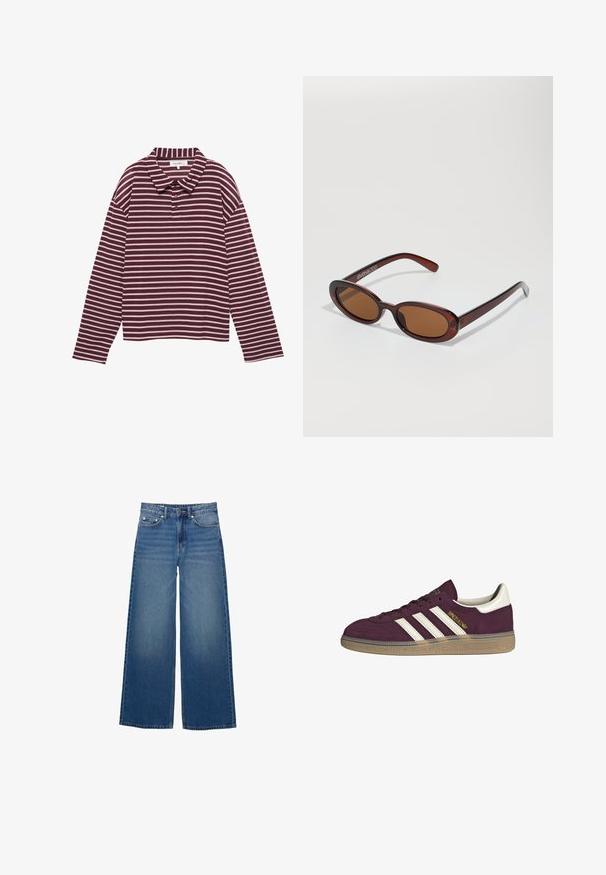 Hosszú ujjú bordó és fehér csíkos pólóing, gombos gallérral és három gombbal a nyaknál.; Széles lábú, farmertből készült kék nadrág, magas derékkal, varrásokkal és egy egyszerű, enyhe koptatással.; Burgundi velúr sportcipő fehér három csíkkal és bézs díszítéssel. Jellemzője a texturált gumitalp és az arany logó az oldalon.; Kerek, barna árnyalatú napszemüveg fényes burgundi kerettel. Karcsú karok diszkrét márkázással. Lapos lencse kialakítás.; Barna szőtt bőr kézitáska, amely laza, háromszög alakú. Fonott füllel és felső cipzárral rendelkezik.