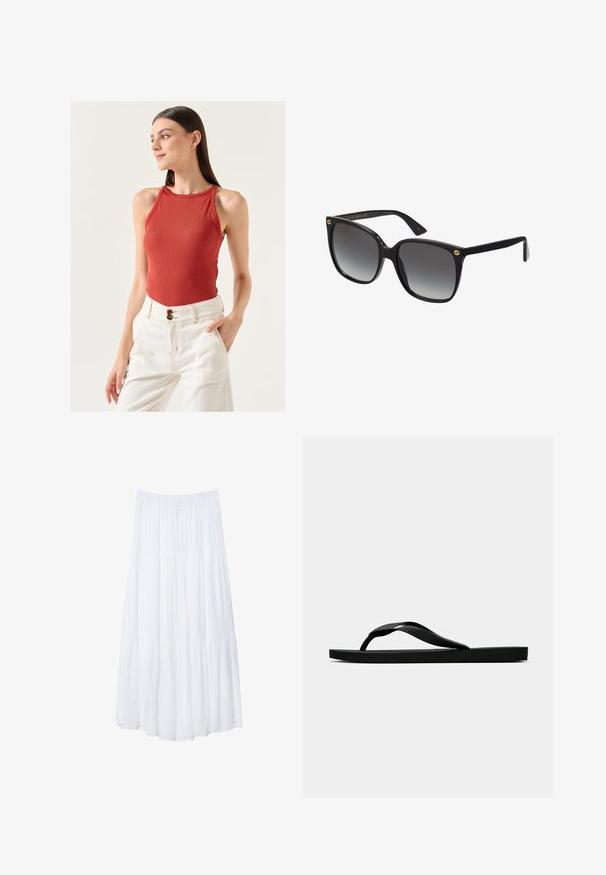 Jimmy Key SLIM FIT HALTER NECK BASIC TOP - Top - brown; White, tiered maxi skirt made of lightweight fabric. Features an elastic waistband and flowing design with soft, subtle texture.; Black rubber flip-flop sandal with a textured thong strap and simple flat sole, shown from side on a plain light background.; Black oversized sunglasses with gradient lenses, thick plastic frames, and gold logo accents on the temples. Angular shape and polished finish.