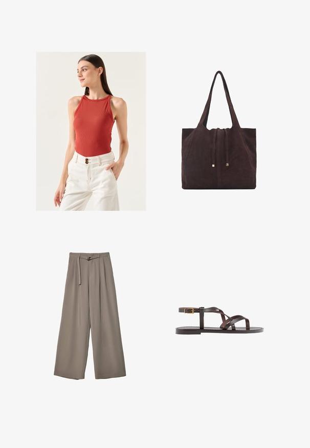Jimmy Key SLIM FIT HALTER NECK BASIC TOP - Top - brown; Weite Hose aus einem weichen, gedämpften grauen Stoff, mit einem taillierten Bund und Falten für zusätzliche Design-Details. Glatte Textur, keine Muster.; Braune Leder-Sandale mit überkreuzten Riemen, einem Knöchelriemen mit Schnalle und einer flachen Sohle mit minimalen Nähdetails.; Mango Shopping Bag - dark brown