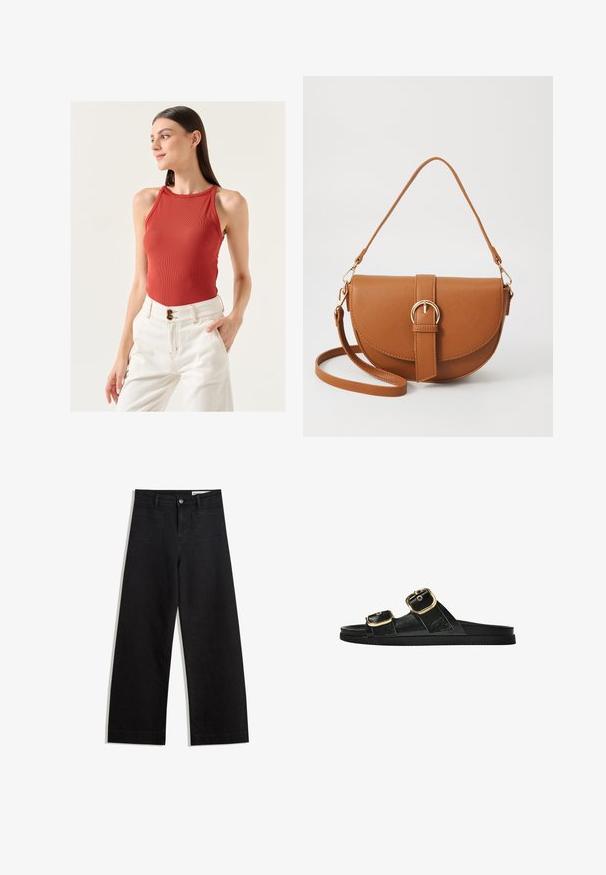 Jimmy Key SLIM FIT HALTER NECK BASIC TOP - Top - brown; Black wide-leg denim pants with a high waist, featuring front and back pockets, stitched seams, and a button closure. Smooth texture.; Black slide sandal with two gold buckle accents, smooth textured material, flat sole, and a minimalist design.; Brown leather crossbody bag with a curved shape, gold hardware, and a buckle accent. Features a detachable shoulder strap.