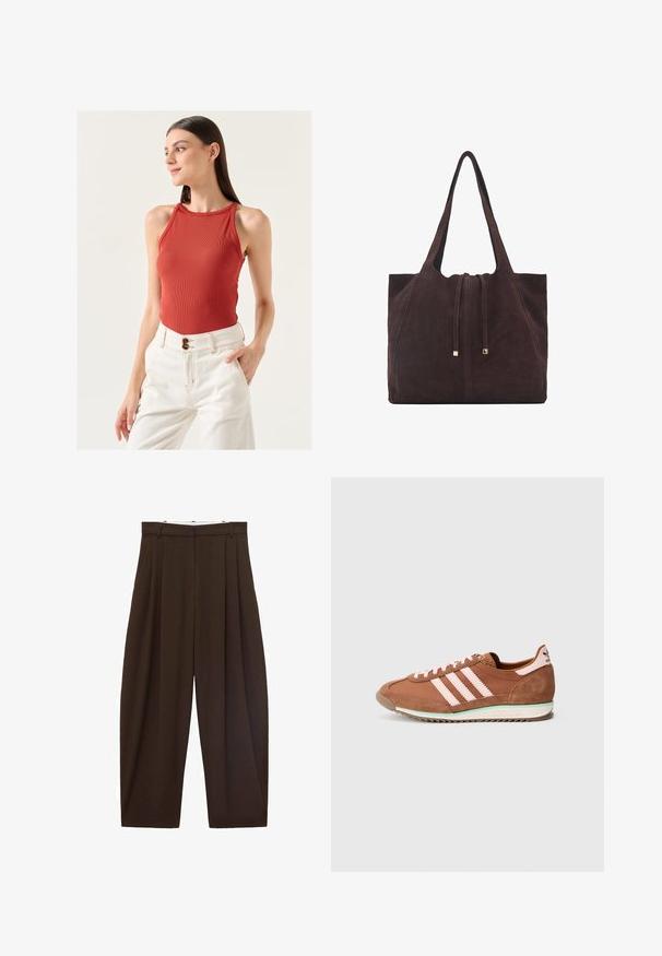 Jimmy Key SLIM FIT HALTER NECK BASIC TOP - Top - brown; Pantaloni marroni a vita alta con pieghe, realizzati in tessuto morbido. Vestibilità ampia, design a gamba dritta, dotati di passanti per cintura e chiusura con zip.; Scarpa da ginnastica Adidas marrone e rosa con dettagli in pelle scamosciata, tre strisce rosa sul lato e suola bianca con accento verde.; Mango Shopping bag - dark brown