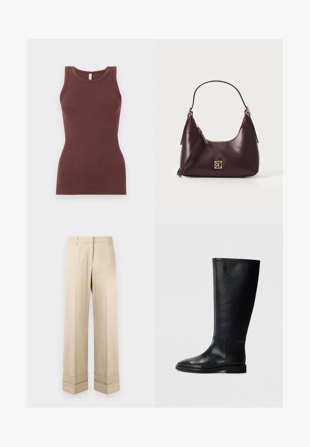 Barna, bordázott ujjatlan felső kerek nyakkivágással. Puha anyagból készült, szabott fazonnal, díszítések vagy minták nélkül.; Beige színű, egyenes szabású nadrág, duplakampós szegéllyel és lapos elülső kialakítással. Sima, tartós anyagból készült.; Fekete bőrből készült, térd fölé érő csizma, lekerekített orral, sima felülettel, minimalista dizájnnal és lapos talppal. Egyszerű varrási részletek a szárán.; Burgundi színű bőr kézi táska ívelt formával, arany kiegészítőkkel és cipzáras záródással. Levehető vállpánttal rendelkezik.