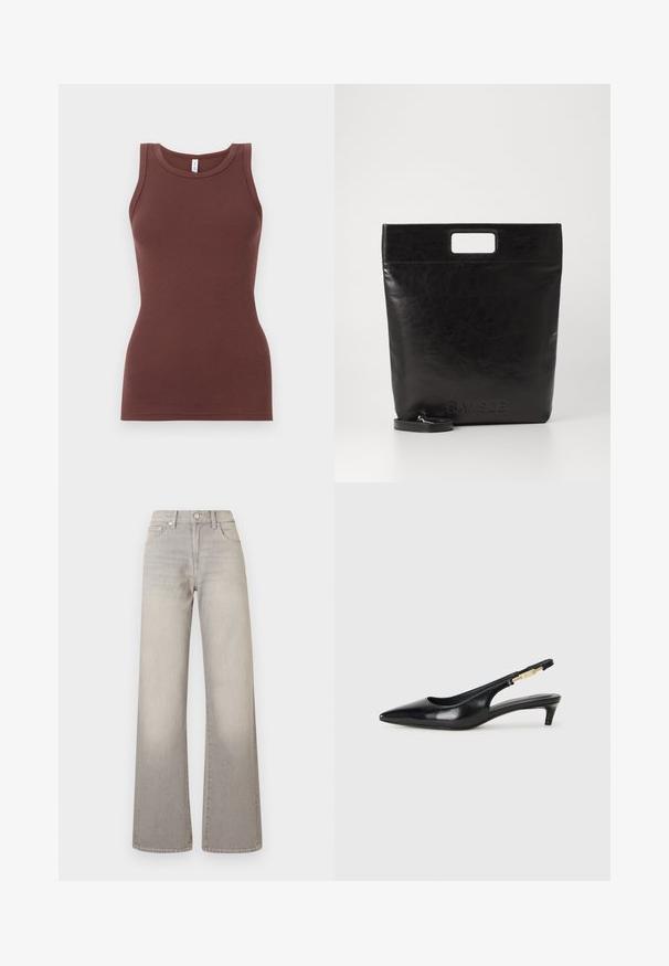 Bruine, geribbelde tanktop met een ronde halslijn en mouwloos ontwerp. Gemaakt van zachte stof, slanke pasvorm zonder versieringen of patronen.; Grijze wijde jeans met een vervaagde afwerking, knoopsluiting, vijfzakkenontwerp en gestikte details langs de naden.; Zwarte leren slingback hakken met een spitse neus, voorzien van een slanke hak en een goudkleurige accent op de verstelbare band. Gladde textuur.; Zwarte leren draagtas met een vierkant handvat, met een gestructureerde afwerking en een reliëflogo. Inclusief een afneembare schouderband.