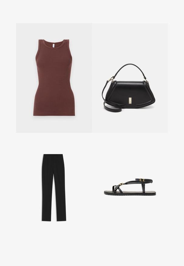 Canotta marrone a coste con scollatura rotonda e design senza maniche. Realizzata in tessuto morbido, ha una forma aderente senza decorazioni o motivi.; Pantaloni neri su misura con un design a gamba dritta, dotati di tasche frontali e un tessuto liscio e strutturato. Dettagli ordinati e minimalisti.; Sandali neri in pelle con sottili cinturini e una cinghia alla caviglia con fibbia. Suola piatta con una finitura texturizzata e bordo a zigzag. Design minimalista.; Borsa a mano in pelle nera con un design strutturato, caratterizzata da una forma corta, manico superiore e accessori in metallo dorato. Inclusa tracolla regolabile.