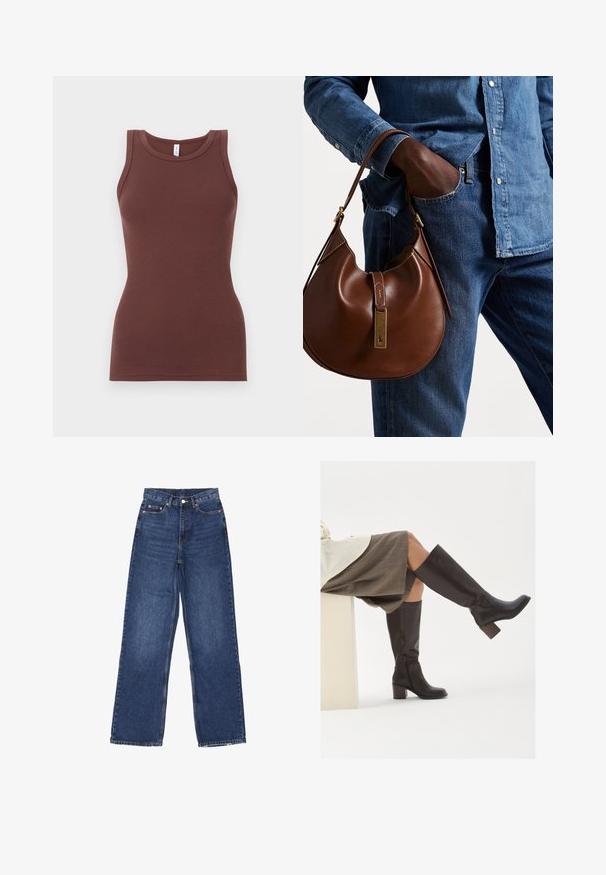 Brun, ribbad linne med rund halsringning och ärmlös design. Tillverkat av mjukt tyg, åtsittande form utan utsmyckningar eller mönster.; Bredbenta blå denimjeans med hög midja, med knäppning, fem fickor och subtila blekningar på tyget.; Bruna läderknähöga stövlar med fyrkantig tå, kraftig klack och sidodragkedja. Slät textur med en polerad yta.; Brun läder hobo-väska med en rund form, som har en accent av guldmetall och kontrasterande sömmar. Kombinerad med en denimskjorta och jeans.