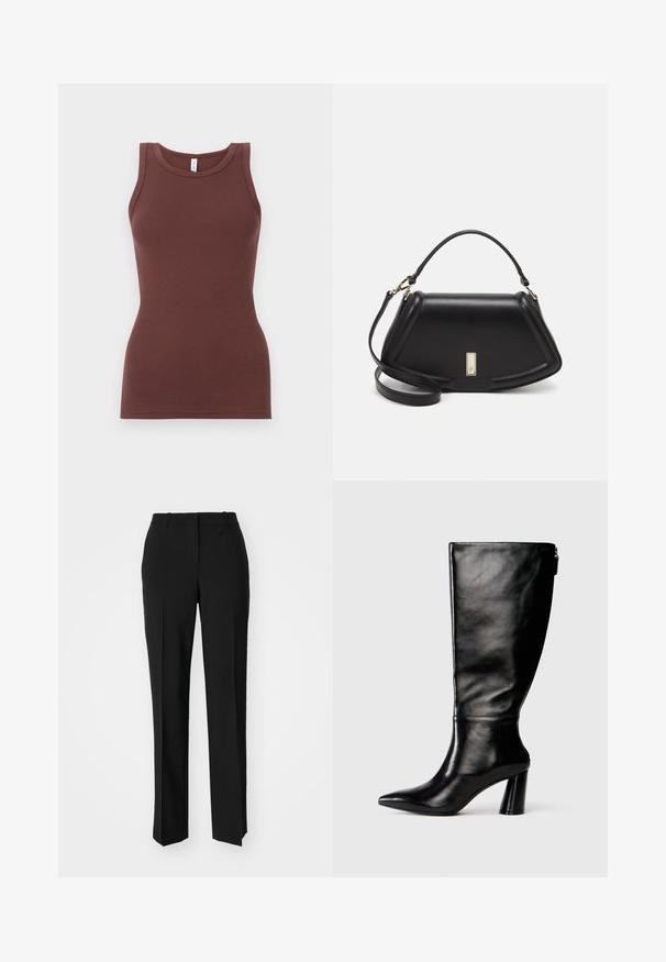 Hnedý, rebrovaný top s okrúhlym výstrihom a bezrukávovým dizajnom. Vyrobený z mäkkej tkaniny, priliehavého strihu bez ozdôb či vzorov.; Čierne krajčírské nohavice so strihom rovného nohu, s hladkou textúrou a ostrými skladmi pozdĺž prednej časti. Žiadne viditeľné hardvér.; Čierna kožená čižma po kolená s špicatou špičkou, hladkou textúrou a masívnym opätkom. Obsahuje detail zipsu na zadnej strane.; Čierna kožená kabelka so štruktúrovaným dizajnom, s krátkym tvarom, hornou rúčkou a zlatými prvkami. Súčasťou je nastaviteľný ramenný popruh.