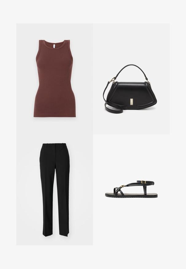 Brown, ribbed tank top with a round neckline and sleeveless design. Made of soft fabric, fitted shape without embellishments or patterns.; Black tailored trousers with a straight-leg design, featuring a smooth texture and crisp creases along the front. No visible hardware.; Black leather sandals with thin straps and a buckled ankle strap. Flat sole with a textured finish and zigzag edge. Minimalist design.; Black leather handbag with a structured design, featuring a cropped shape, top handle, and gold hardware accent. Adjustable shoulder strap included.