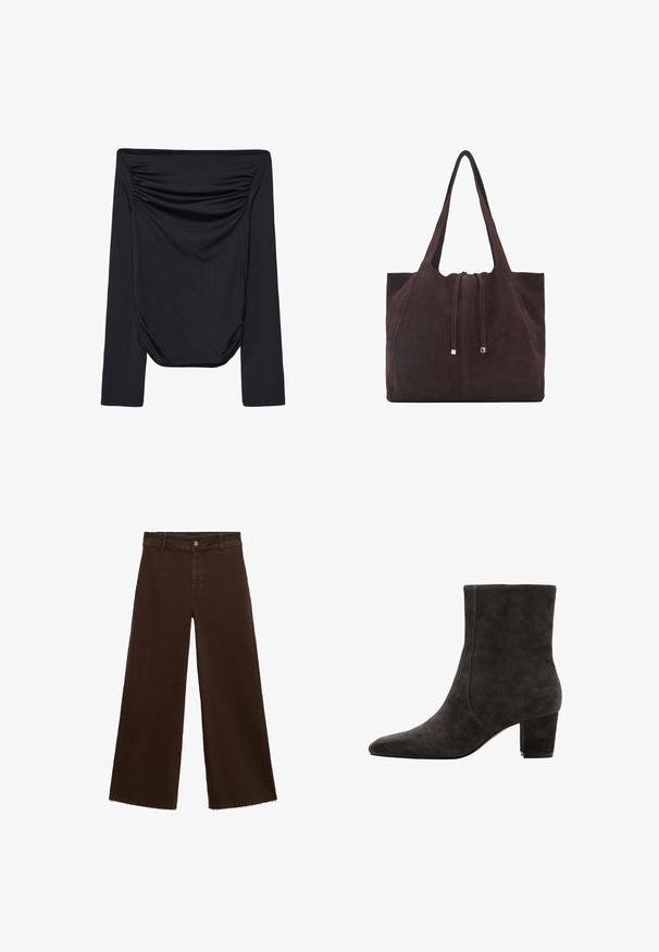 Sort off-shoulder langærmet top, med indsamlet detalje foran og glat tekstur. Letvægtsmateriale med tætsiddende pasform.; Brune viddebukser i en bomuldsblanding, med en frynset kant, frontknaplukning og klassisk fem-lomme design. Minimalistiske og alsidige.; Mørkegrå ruskindsankelstøvle med spids snude og blokhæl. Designet har en glat tekstur og minimalistiske syningsdetaljer.; Mango Shopping bags - dark brown