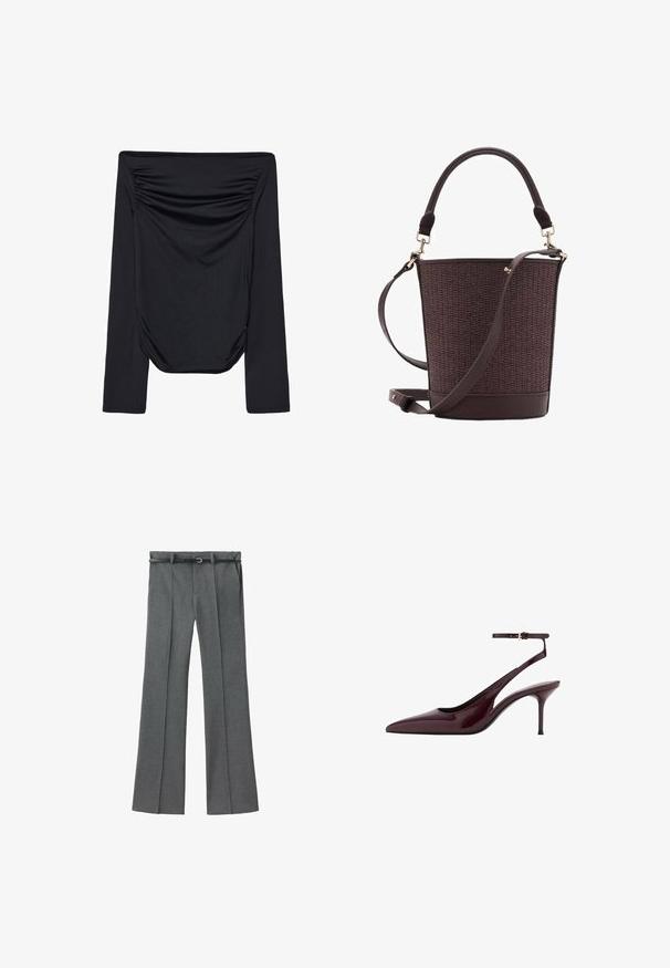 Čierny top s odhalenými plecami a dlhými rukávmi, ktorý má zam gatherovaním na prednej strane a hladkú textúru. Ľahký materiál so priliehavým strihom.; Sivé elegantné nohavice so strmerou nohou, vyrobené z ľahkej látky, s pútkami na opasok a úzkym opaskom so striebornou sponou.; Burgundské lakované lodičky so špicatou špičkou, s tenkým remienkom okolo členku a stredne vysokým ihlovým podpätkom na bielom pozadí.; Hnedá tkaná kabelka v tvare vedra so štruktúrovaným tvarom, hladkými koženými detailmi, vrchným rukoväťou a odnímateľným ramenným popruhom. Zlaté kovové doplnky.