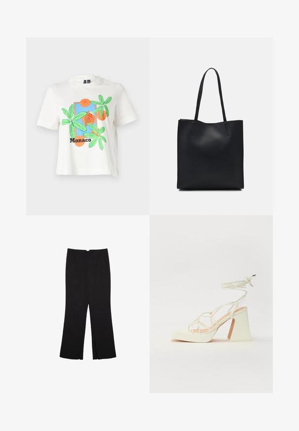 Biely tričko s krátkym rukávom so modrou grafikou, zelenými palmami, oranžovými kruhmi a slovom "Monaco" v čiernom texte na spodnej časti.; Čierne nohavice so strihom rovného strihu, s prednými vreckami a bočnými rozparkami na leme. Vyrobené z mäkkej, hladkej tkaniny. Vhodné na rôzne príležitosti.; Biele sandále na vysokom opätku s hrubým podpätkom, s pruhovaným dizajnom a viazaním na členku. Hladký povrch s platformou vpredu pre zvýšenú výšku.; Čierna kožená taška na rameno s hladkým povrchom, obdĺžnikovým tvarom a dvoma dlhými uchami. Bez viditeľného kovania alebo ozdôb.