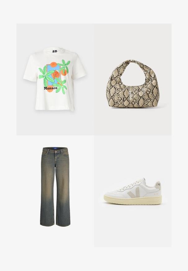 Biała koszulka z krótkim rękawem z niebieską grafiką przedstawiającą zielone liście palmowe, pomarańczowe okręgi oraz słowo "Monaco" w czarnym kolorze na dole.; Szerokie niebieskie dżinsy z gradientem od jasnego do ciemnego, pięciokieszonkowy fason i zapięcie na guzik. Szyć szczegóły na brzegach.; Białe skórzane trampki z beżowymi zamszowymi akcentami, perforowanym noskiem, płaskimi sznurowadłami i teksturowaną kremową podeszwą. Posiadają subtelne logo na pięcie.; Torebka w wężowy wzór z zakrzywionym uchwytem. Wykonana z teksturowanych, beżowych i brązowych materiałów, z charakterystycznym wzorem w diamenty.