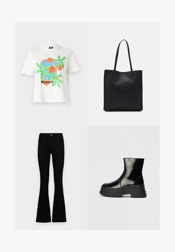 Camiseta blanca de manga corta con un gráfico azul que presenta hojas de palma verdes, círculos naranjas y la palabra "Mónaco" en texto negro en la parte inferior.; Jeans negros de cintura alta con cierre de botón y cremallera, bolsillos frontales y piernas acampanadas, dispuestos sobre un fondo blanco.; Botín negro brillante hasta el tobillo con suela gruesa y redondeada, vista lateral sobre un fondo gris claro liso.; Bolso tote de cuero negro con textura lisa, forma rectangular y dos asas largas. Sin herrajes ni adornos visibles.