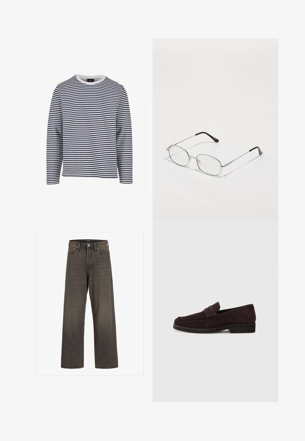 Hosszú ujjú póló tengerészkék és fehér vízszintes csíkokkal, kerek nyakkivágással, pamut anyagból, laza szabással.; Széles lábú farmernadrág sötétszürke denimből, magas derékkal, klasszikus öt zsebes kialakítással és kontrasztos varrással az illesztések mentén.; Barna velúr lóferek alacsony profilú, kerek orrú kivitelben. Díszítő pánt található a felső részen, lapos gumitalp, és nincs látható varrás.; Fém szemüveg, ovális kerettel, ezüst keretekkel és tiszta lencsékkel. Hosszú, egyenes szárak fekete végzettel, minimális dizájn.
