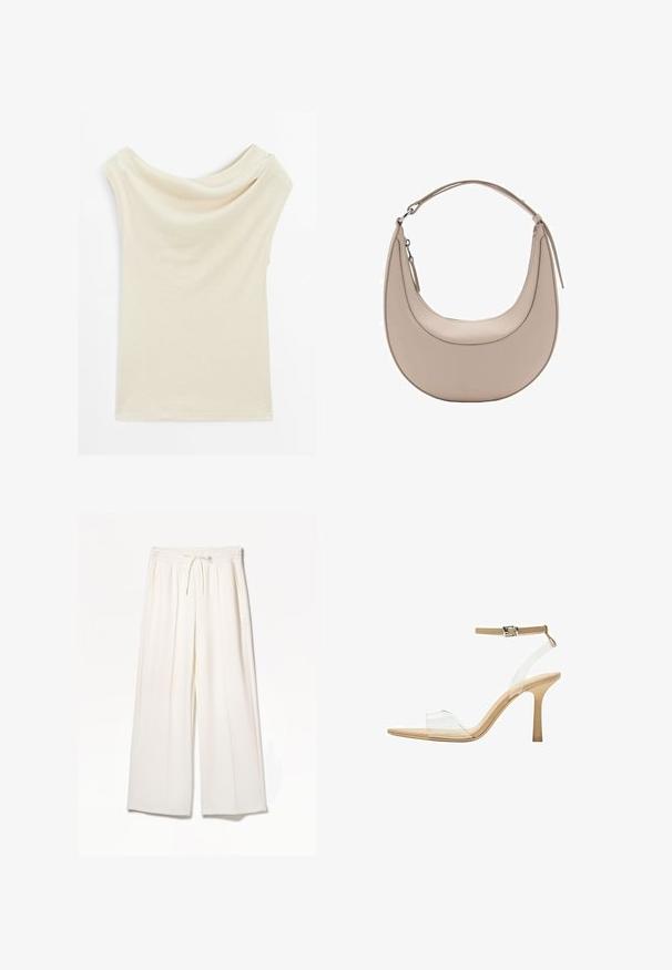 Béžový top bez ramínek vyrobený z měkké, lehké tkaniny. Má volný střih, krátké rukávy a hladký povrch.; Bílé široké kalhoty vyrobené z lehkého materiálu, s elastickým pasem, tkaničkou a bočními kapsami, bez viditelných vzorů.; Průhledná sandálová obuv s průhledným svrškem, béžovou stélkou a štíhlým páskem kolem kotníku. Má špičatou špičku a tenký vysoký podpatek.; Světle béžová kožená kabelka přes rameno s půlměsíčovým tvarem, hladkým povrchem a jedním zakřiveným uchopem. Obsahuje zipový uzávěr a upravené švy.