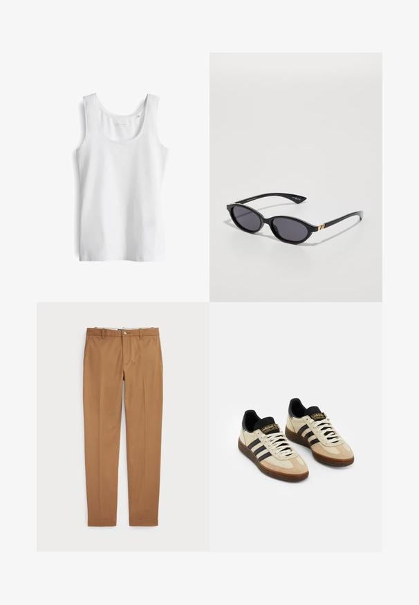 White tank top with a scoop neckline, made from smooth, lightweight fabric. Features wide shoulder straps and a straight hem.; Brown cotton trousers with a slim-fit design, flat front, and standard pockets; smooth texture and hemmed cuffs.; Beige suede athletic shoes with black leather accents, white laces, and brown rubber outsole. Three black stripes on each side.; Black sunglasses with oval lenses, dark gradient tint, and slim arms featuring subtle gold accents. Smooth plastic finish.; Brown pebbled leather tote bag with two handles, a small attached tag, and a subtle logo on the front. Smooth texture with structured shape.